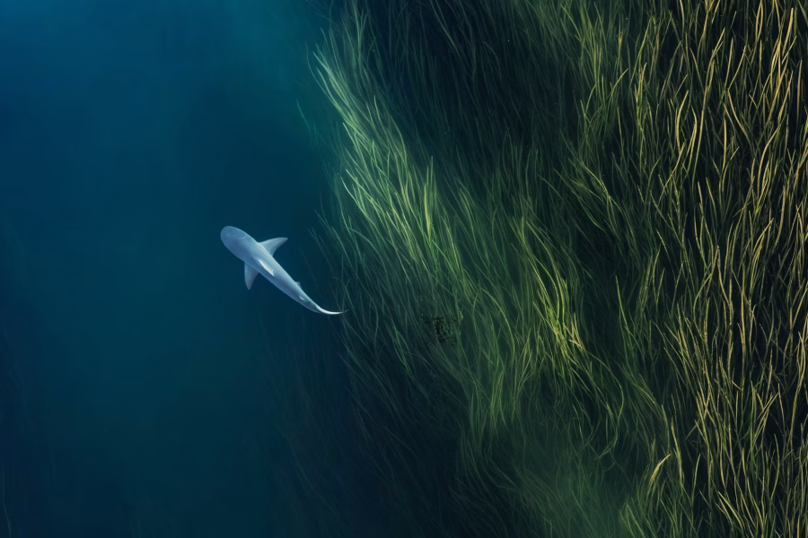 Uno squalo nuota, fotografato da una prospettiva aerea, nell'Australia Occidentale | Foto: Arte aerea astratta / Getty