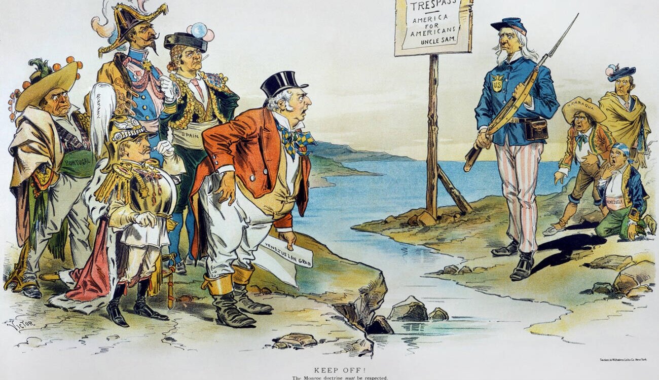 Dottrina Monroe, 1896. /NAmerican cartoon di F. Victor Gillam, 1896, invocando la dottrina Monroe contro la Gran Bretagna e altri poteri europei al momento del venezuelano disputa di confine.